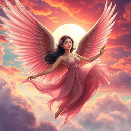 A mesmerizing book cover featuring a beautiful Asian girl with elegant harpy wings soaring majestically into the sky