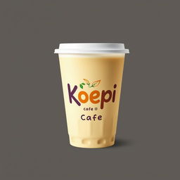 A logo for 'Koepi Cafe' creatively designed to be displayed on a drinks milk tea cup