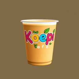 A logo for 'Koepi Cafe' creatively designed to be displayed on a drinks milk tea cup