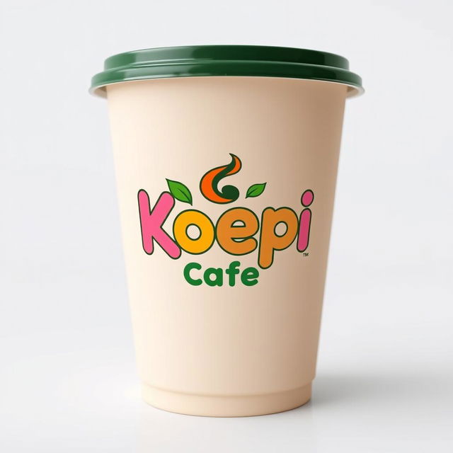 A logo for 'Koepi Cafe' creatively designed to be displayed on a drinks milk tea cup