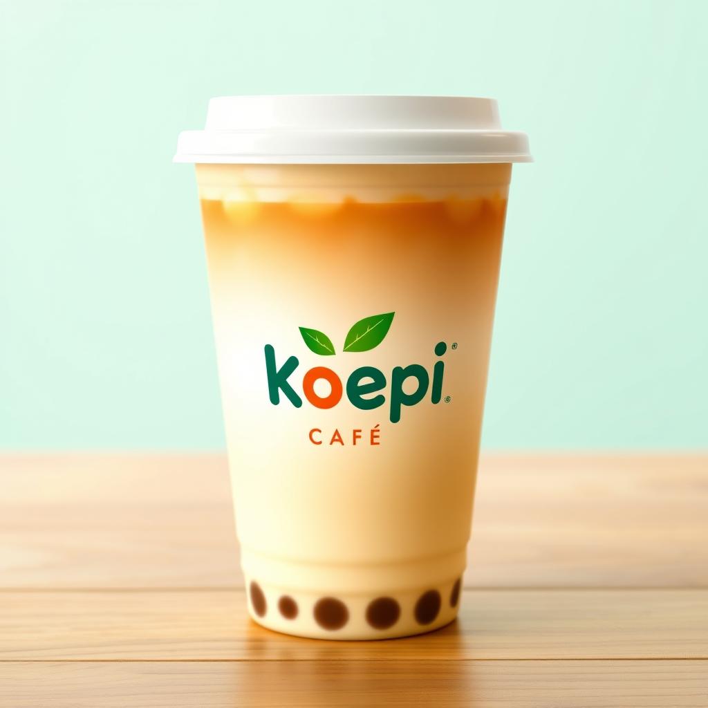 A logo for 'Koepi Cafe' creatively designed to be displayed on a drinks milk tea cup