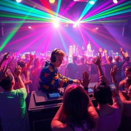 A dynamic scene featuring a Russian DJ character passionately mixing music at a DJ booth, surrounded by an energetic audience dancing and enjoying the lively atmosphere