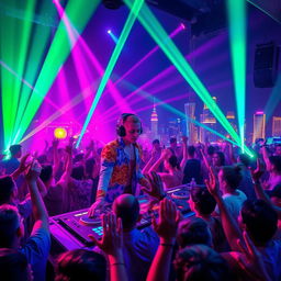 A dynamic scene featuring a Russian DJ character passionately mixing music at a DJ booth, surrounded by an energetic audience dancing and enjoying the lively atmosphere