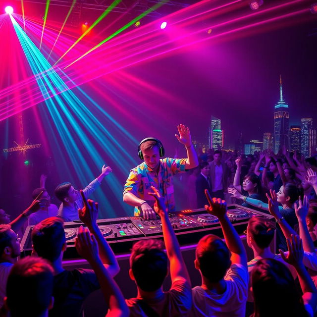 A dynamic scene featuring a Russian DJ character passionately mixing music at a DJ booth, surrounded by an energetic audience dancing and enjoying the lively atmosphere