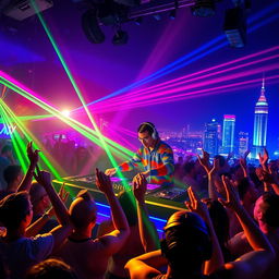 A dynamic scene featuring a Russian DJ character passionately mixing music at a DJ booth, surrounded by an energetic audience dancing and enjoying the lively atmosphere