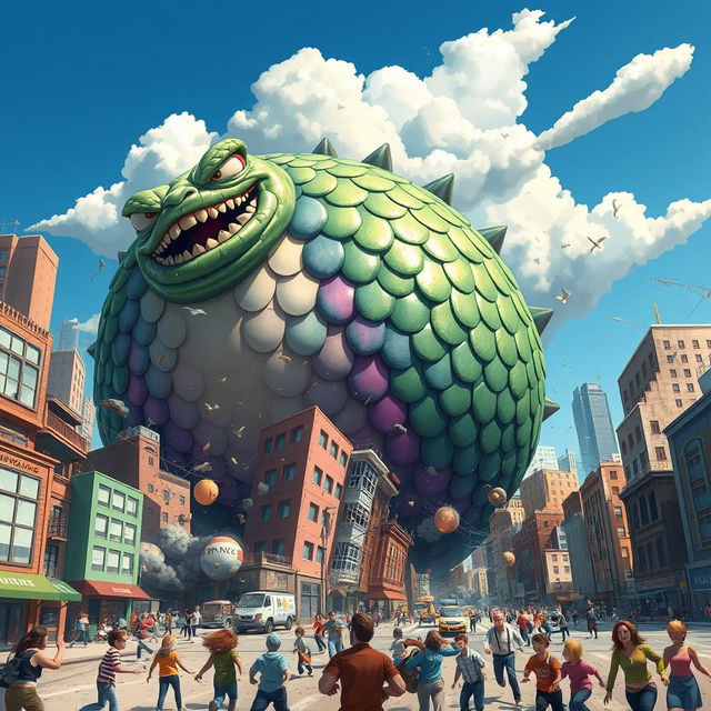 A gigantic, round monster rampaging through a bustling city