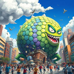 A gigantic, round monster rampaging through a bustling city
