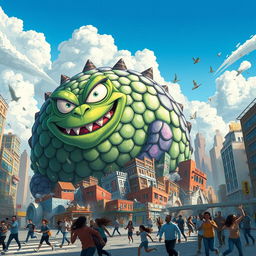 A gigantic, round monster rampaging through a bustling city