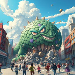 A gigantic, round monster rampaging through a bustling city