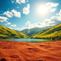 A stunning and realistic depiction of a beautiful landscape, featuring lush green hills bathed in golden sunlight, with a clear blue sky dotted with fluffy white clouds