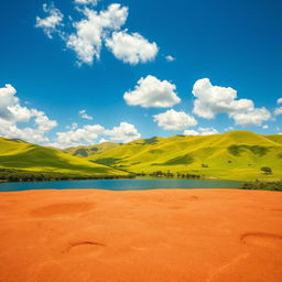 A stunning and realistic depiction of a beautiful landscape, featuring lush green hills bathed in golden sunlight, with a clear blue sky dotted with fluffy white clouds