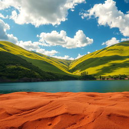 A stunning and realistic depiction of a beautiful landscape, featuring lush green hills bathed in golden sunlight, with a clear blue sky dotted with fluffy white clouds