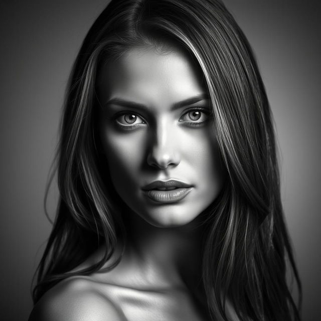 A stunning black and white portrait of a striking woman, her face illuminated by soft, dramatic lighting that emphasizes her cheekbones and eyes