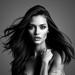 A stunning black and white portrait of a striking woman, her face illuminated by soft, dramatic lighting that emphasizes her cheekbones and eyes