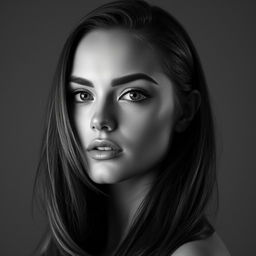 A stunning black and white portrait of a striking woman, her face illuminated by soft, dramatic lighting that emphasizes her cheekbones and eyes