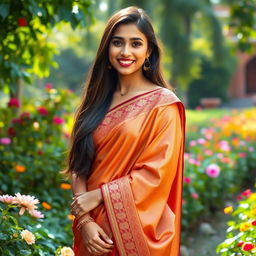 A beautiful young woman wearing a traditional half saree, standing in a lush garden filled with colorful flowers