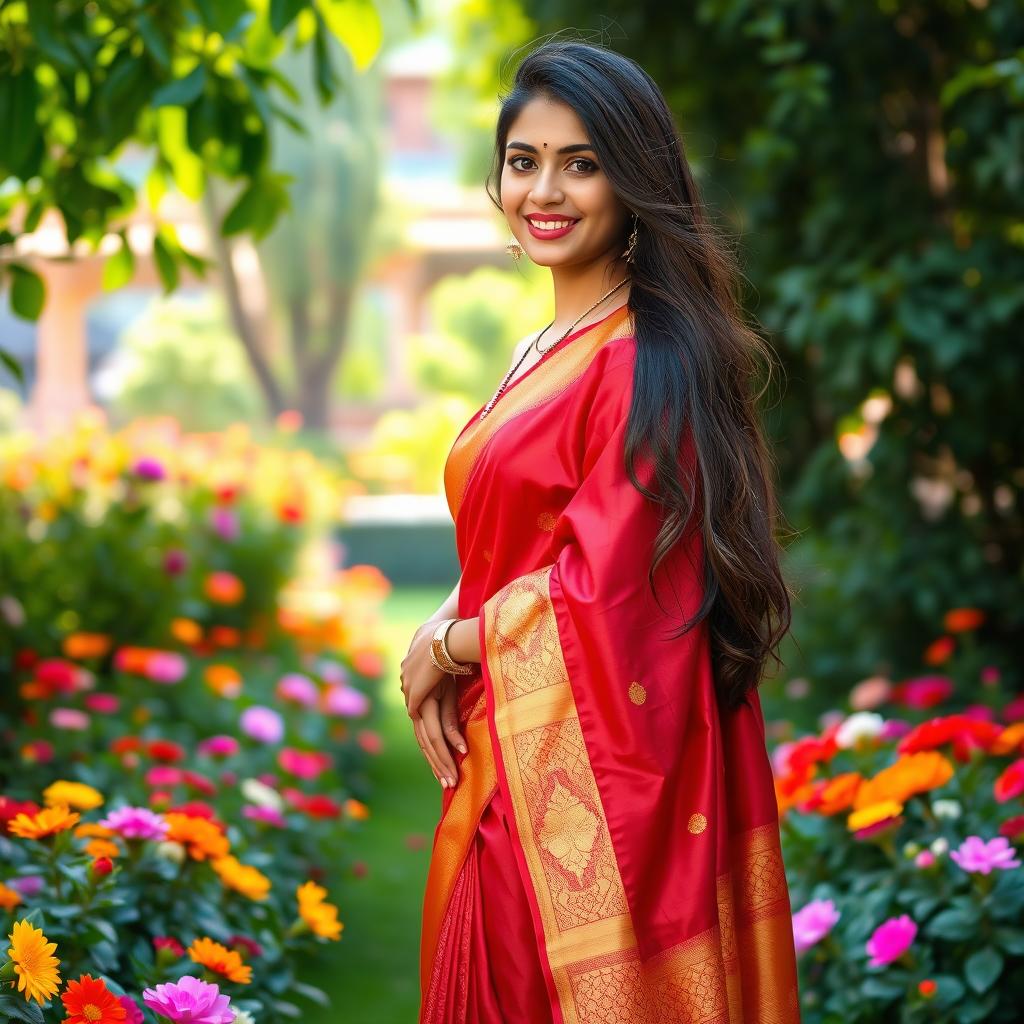 A beautiful young woman wearing a traditional half saree, standing in a lush garden filled with colorful flowers