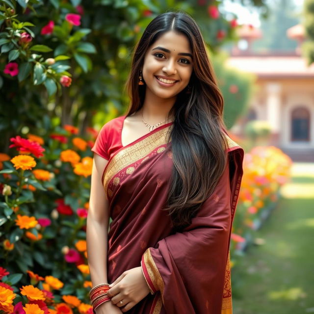 A beautiful young woman wearing a traditional half saree, standing in a lush garden filled with colorful flowers