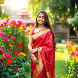 A beautiful young woman wearing a traditional half saree, standing in a lush garden filled with colorful flowers