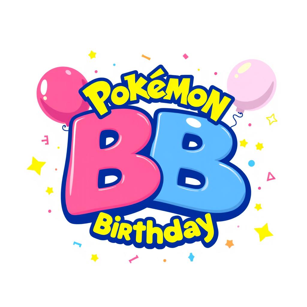 A playful birthday-themed logo styled in the recognizable Pokémon aesthetic, featuring the letters 'BB'