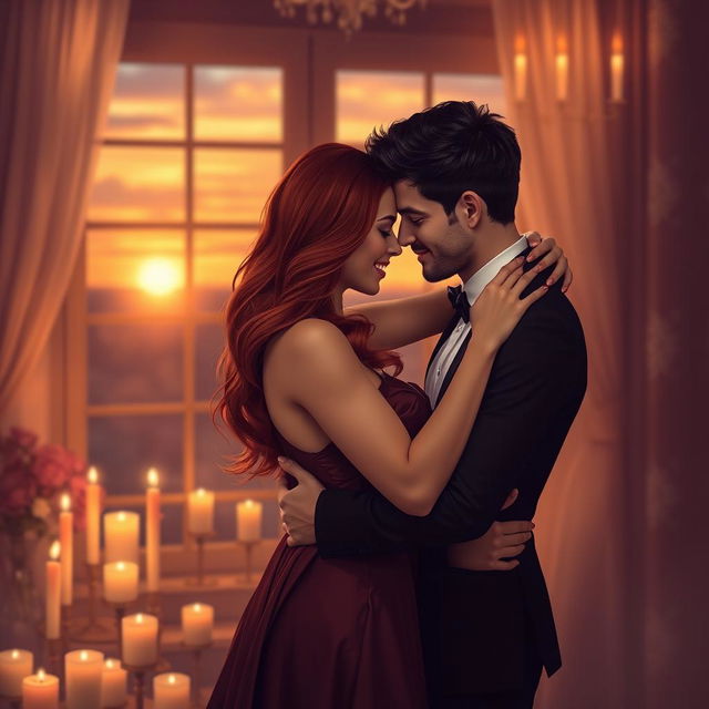 A romantic and intimate scene depicting a couple in a passionate embrace in a softly lit room