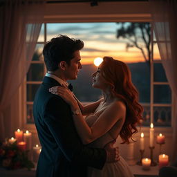 A romantic and intimate scene depicting a couple in a passionate embrace in a softly lit room