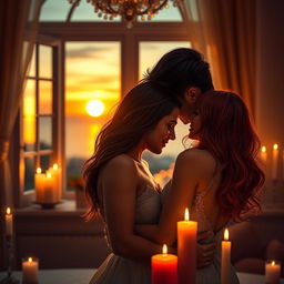 A romantic and intimate scene depicting a couple in a passionate embrace in a softly lit room