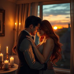 A romantic and intimate scene depicting a couple in a passionate embrace in a softly lit room