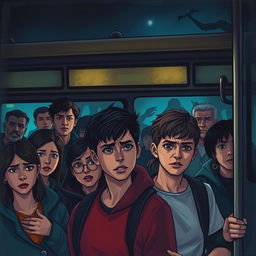 A mysterious bus stop scene at dusk, featuring 12 diverse characters including young adults, middle-aged people, and seniors, all with a range of emotions on their faces, showcasing anxiety, confusion, and determination