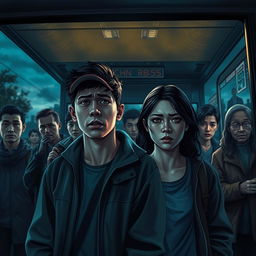 A mysterious bus stop scene at dusk, featuring 12 diverse characters including young adults, middle-aged people, and seniors, all with a range of emotions on their faces, showcasing anxiety, confusion, and determination