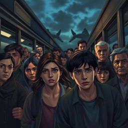 A mysterious bus stop scene at dusk, featuring 12 diverse characters including young adults, middle-aged people, and seniors, all with a range of emotions on their faces, showcasing anxiety, confusion, and determination