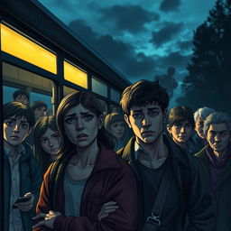 A mysterious bus stop scene at dusk, featuring 12 diverse characters including young adults, middle-aged people, and seniors, all with a range of emotions on their faces, showcasing anxiety, confusion, and determination