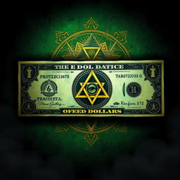 A detailed illustration of a dollar bill featuring intricate Illuminati designs