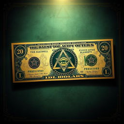A detailed illustration of a dollar bill featuring intricate Illuminati designs