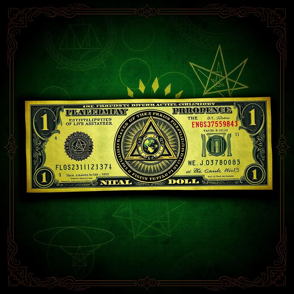 A detailed illustration of a dollar bill featuring intricate Illuminati designs