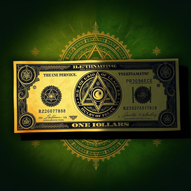 A detailed illustration of a dollar bill featuring intricate Illuminati designs