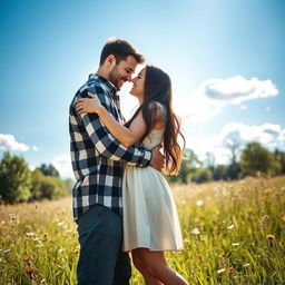 A romantic scene featuring a couple embracing in a warm hug surrounded by a beautiful natural landscape