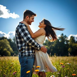 A romantic scene featuring a couple embracing in a warm hug surrounded by a beautiful natural landscape