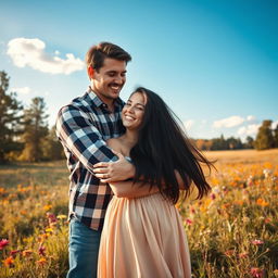 A romantic scene featuring a couple embracing in a warm hug surrounded by a beautiful natural landscape