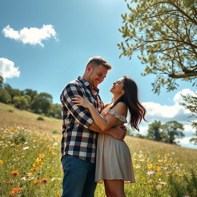 A romantic scene featuring a couple embracing in a warm hug surrounded by a beautiful natural landscape