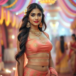 A beautiful Indian woman wearing a sexy traditional costume that elegantly blends modern and classic styles