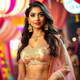 A beautiful Indian woman wearing a sexy traditional costume that elegantly blends modern and classic styles