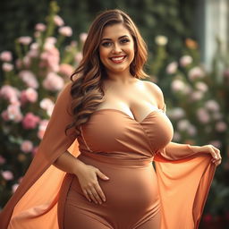 A voluptuous woman with big breasts wearing a flowing, sensual dress that accentuates her curves