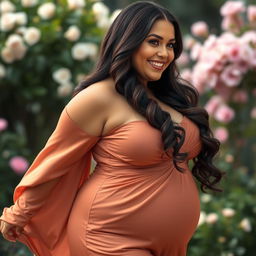 A voluptuous woman with big breasts wearing a flowing, sensual dress that accentuates her curves