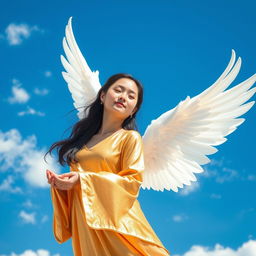 A stunning book cover featuring an Asian angel girl with beautiful white wings soaring gracefully in a bright blue sky