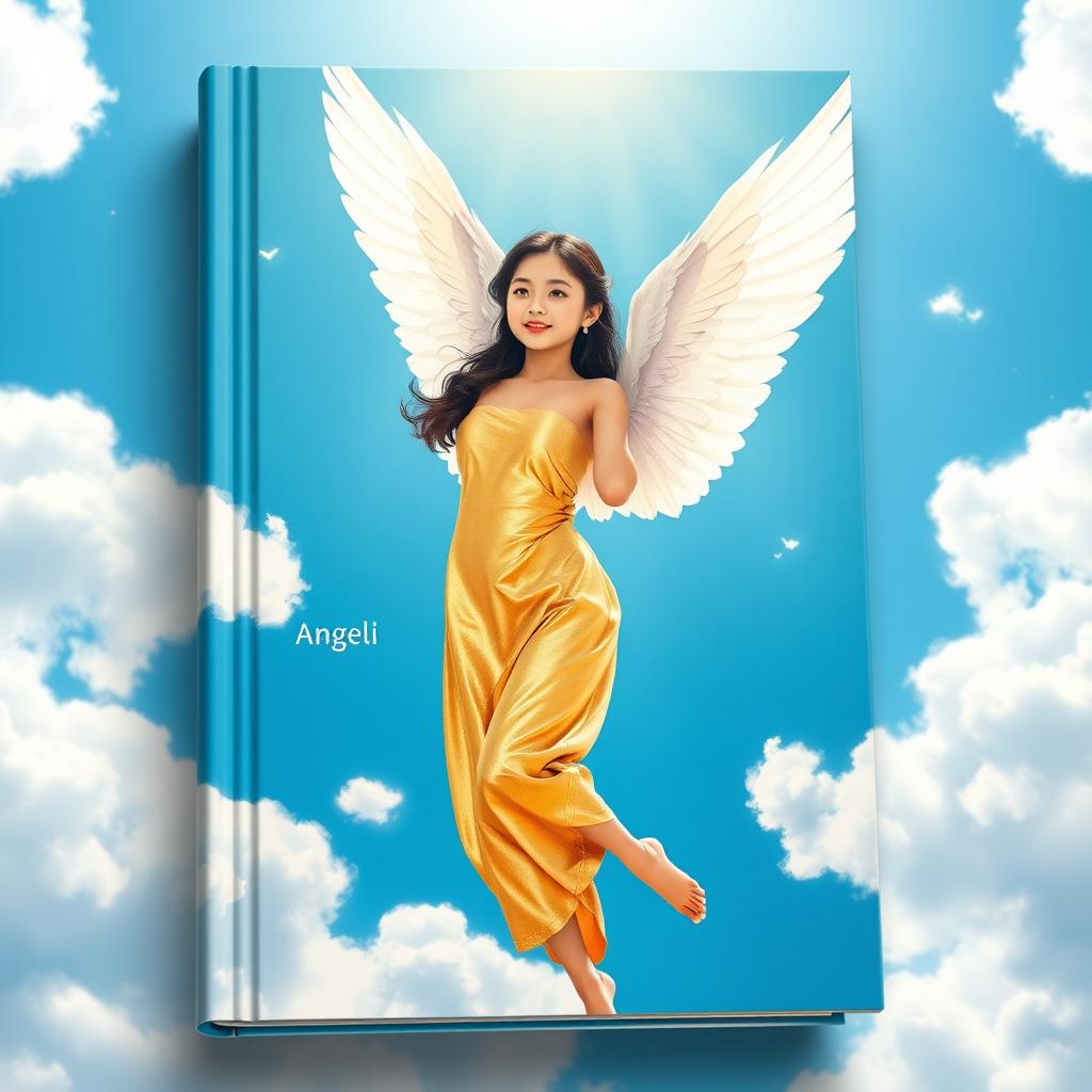 A stunning book cover featuring an Asian angel girl with beautiful white wings soaring gracefully in a bright blue sky