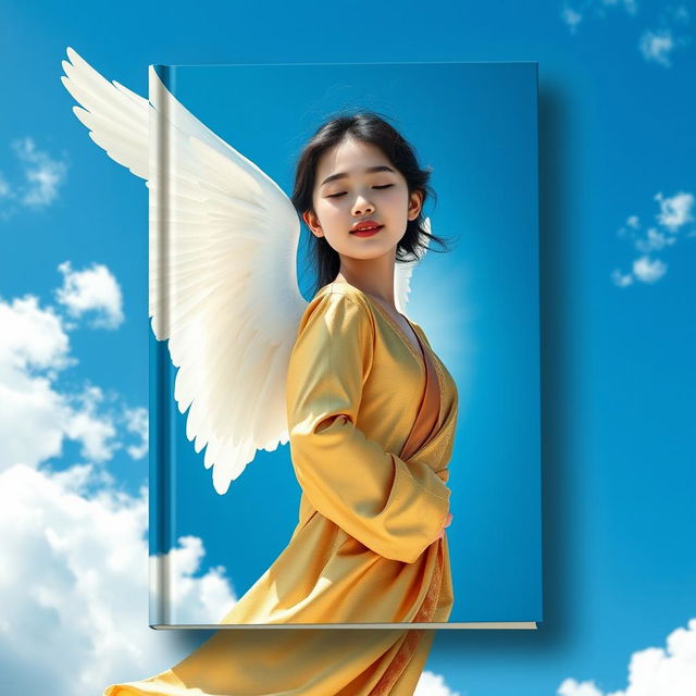 A stunning book cover featuring an Asian angel girl with beautiful white wings soaring gracefully in a bright blue sky