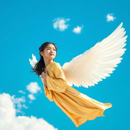 A stunning book cover featuring an Asian angel girl with beautiful white wings soaring gracefully in a bright blue sky