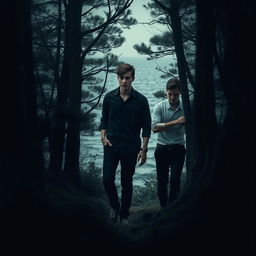 A captivating mystery book cover featuring two young men in their twenties entering a dark, dense forest near the sea