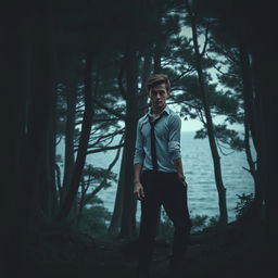 A captivating mystery book cover featuring two young men in their twenties entering a dark, dense forest near the sea